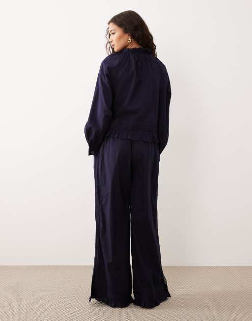 Nobody's Child lace trim pyjama top and trousers set in navy, 2 of 4
