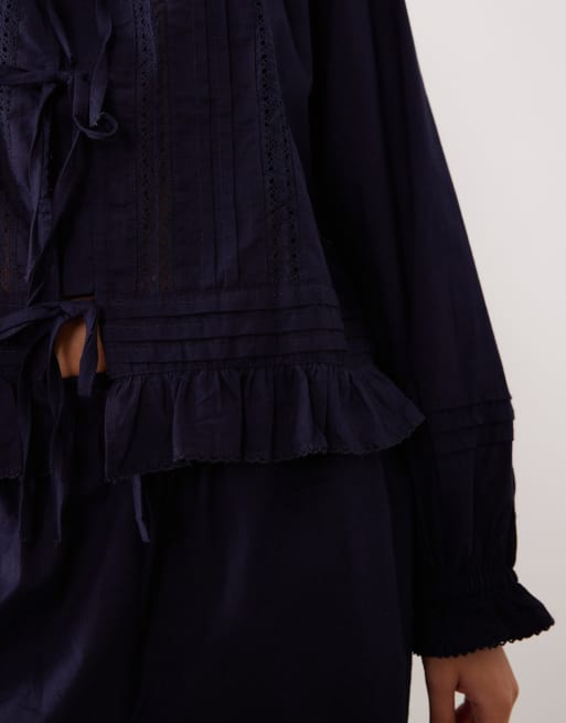 Nobody's Child lace trim pyjama top and trousers set in navy, 3 of 4