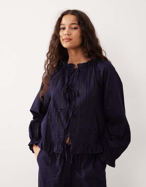 Nobody's Child lace trim pyjama top and trousers set in navy, 4 of 4