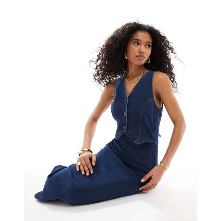 Nobody's Child Lambeth 2 in 1 denim waistcoat dress in blue | ASOS