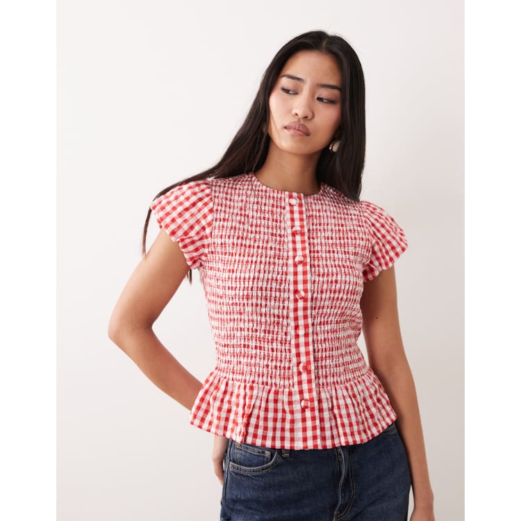 Nobody's Child Lana cotton shirred puff sleeve peplum top in red