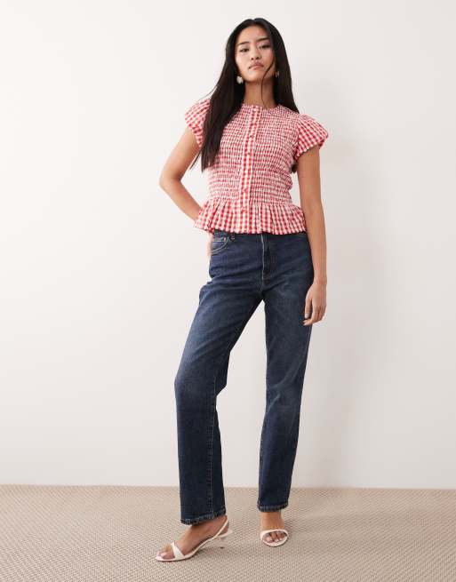 Nobody's Child Lana cotton shirred puff sleeve peplum top in red gingham, 2 of 4