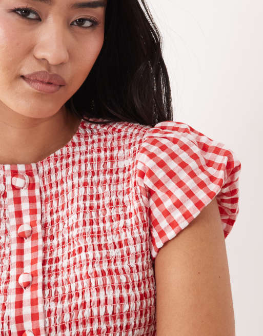 Nobody's Child Lana cotton shirred puff sleeve peplum top in red gingham, 3 of 4