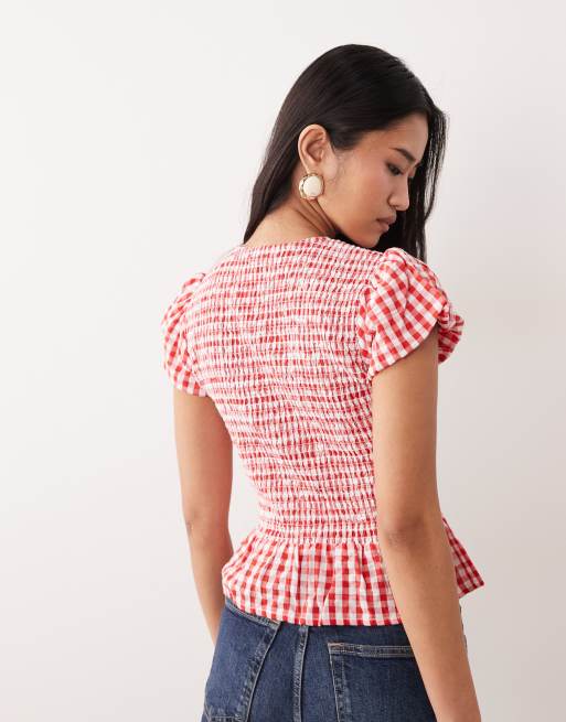 Nobody's Child Lana cotton shirred puff sleeve peplum top in red gingham, 4 of 4