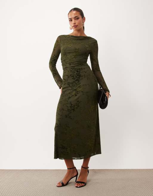 Nobody's Child Lana cowl neck long sleeve ruched midi dress in dark green