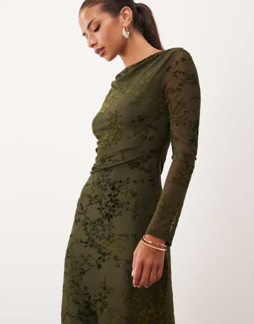 Nobody's Child Lana cowl neck long sleeve ruched midi dress in dark green