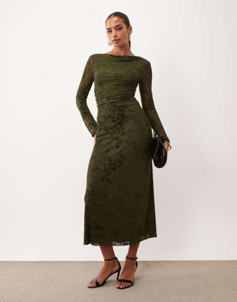 Nobody's Child Lana devore boat neck midi dress in dark green floral - view 1