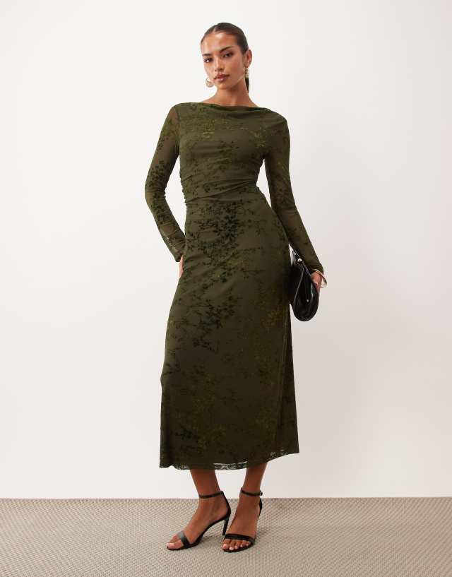 Nobody's Child Lana devore boat neck midi dress in dark green floral