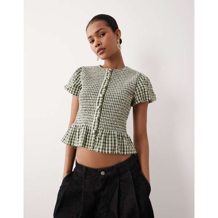 Nobody's Child Lana puff sleeve shirred bodice top in green