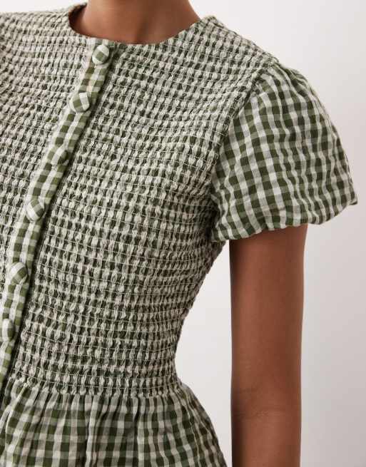 Nobody's Child Lana puff sleeve shirred bodice top in green gingham, 3 of 4