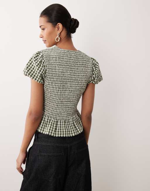 Nobody's Child Lana puff sleeve shirred bodice top in green gingham, 4 of 4