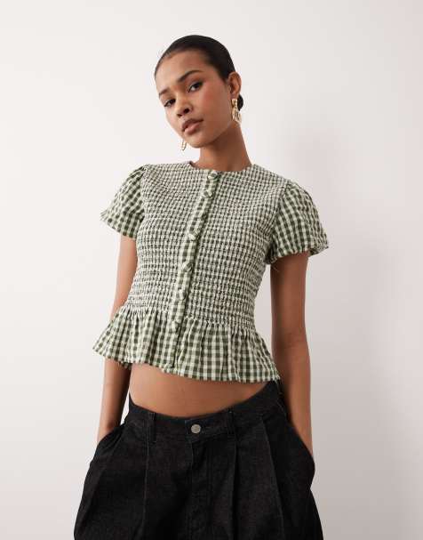 Nobody's Child - Lana - Top met pofmouwen en gesmokt lijfje in groene gingham ruit - view 1