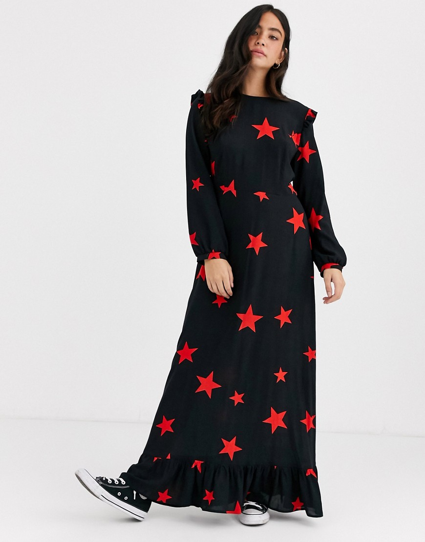 Nobody's Child - Lange jurk met ruches aan de schouder en sterrenprint-Zwart