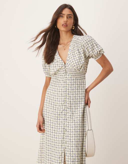 Nobody's Child Lara puff sleeve midi dress in green tile print