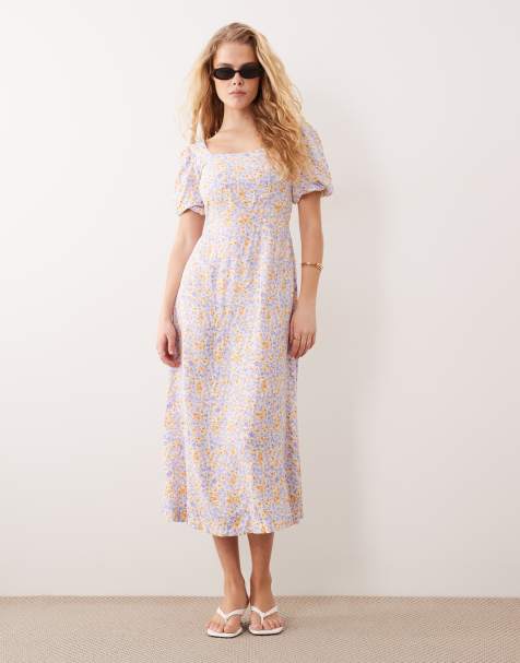 Nobody's Child puff sleeve midi dress in lilac and yellow