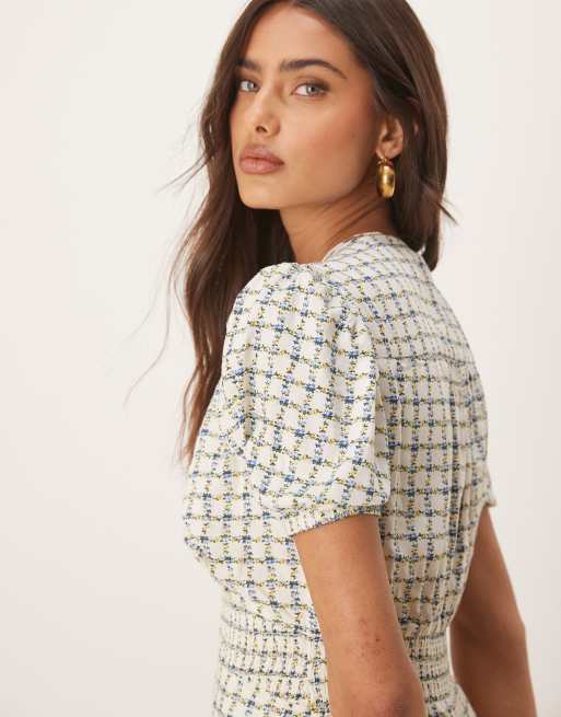 Nobody's Child Lara puff sleeve midi dress in green tile print