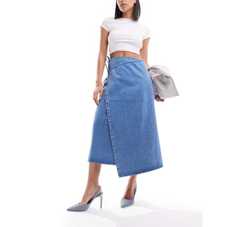 Nobody's Child Latimer wrap denim skirt in blue | ASOS