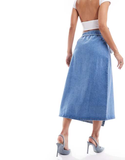 Nobody's Child Latimer wrap denim skirt in blue | ASOS