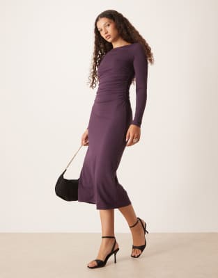 Nobody's Child Laurella Long Sleeve Drape Midi Dress In Purple