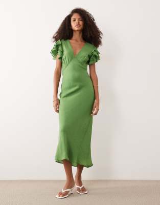Layla - Robe mi-longue à volants avec mancherons et col en V - Vert 34