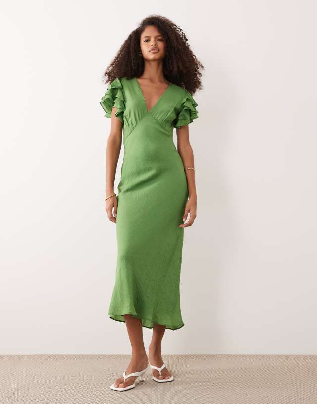 Nobody's Child Layla ruffle cap sleeve v-neck midi dress in green