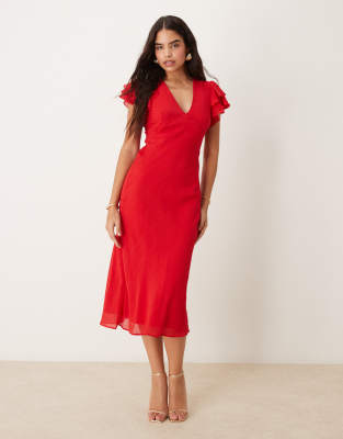 Layla v neck midaxi dress with ruffle shoulders in red