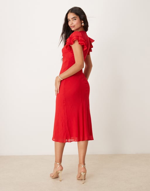 Nobody's Child Layla v neck midaxi dress with ruffle shoulders in red | ASOS
