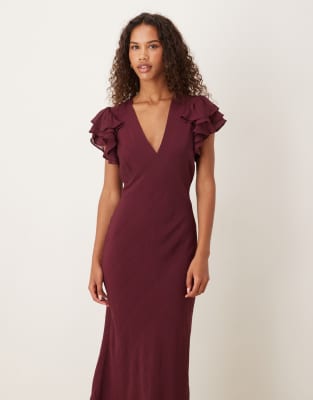 Nobody's Child Layla V-neck Midaxi Dress With Ruffle Sleeves In Brown