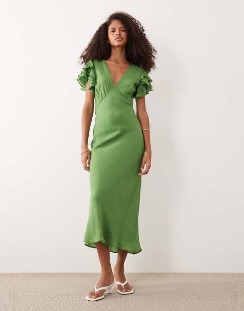 Nobody's Child - Layla - Vestito midi verde con maniche ad aletta e scollo a V con volant - view 1