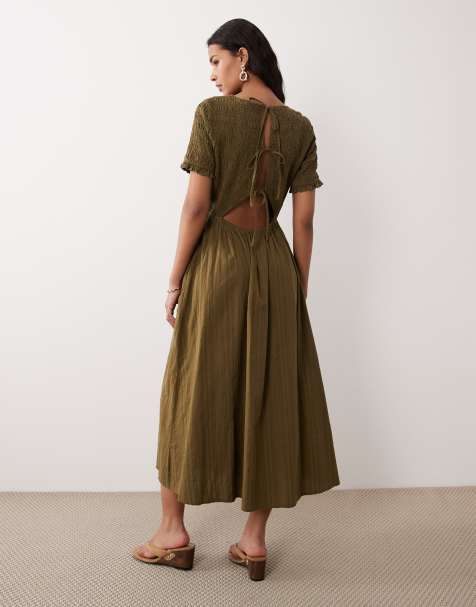 Nobody's Child Leah shirred midi dress with full skirt in khaki - view 1