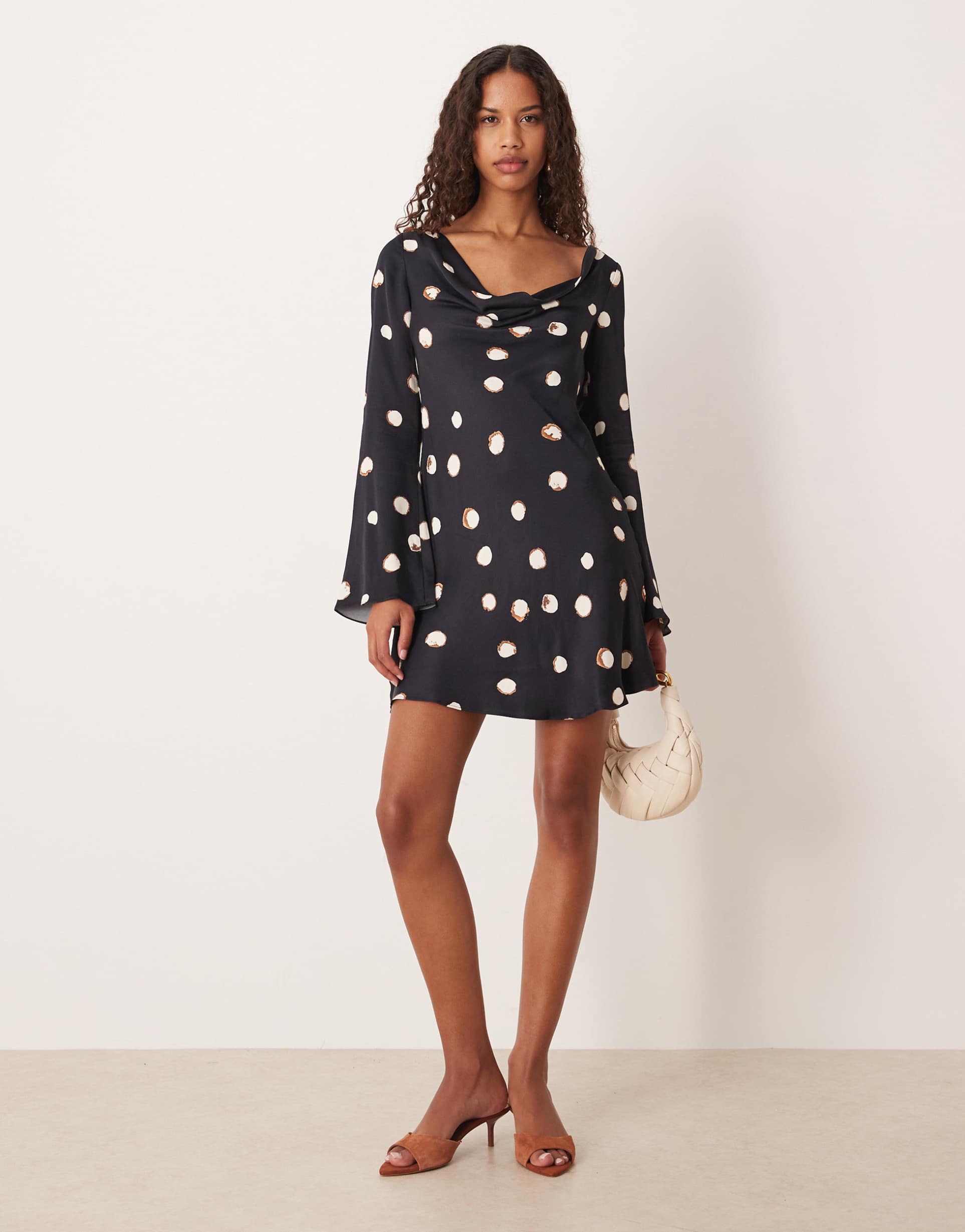 nobody's child leighton satin cowl neck mini dress in large polka dot