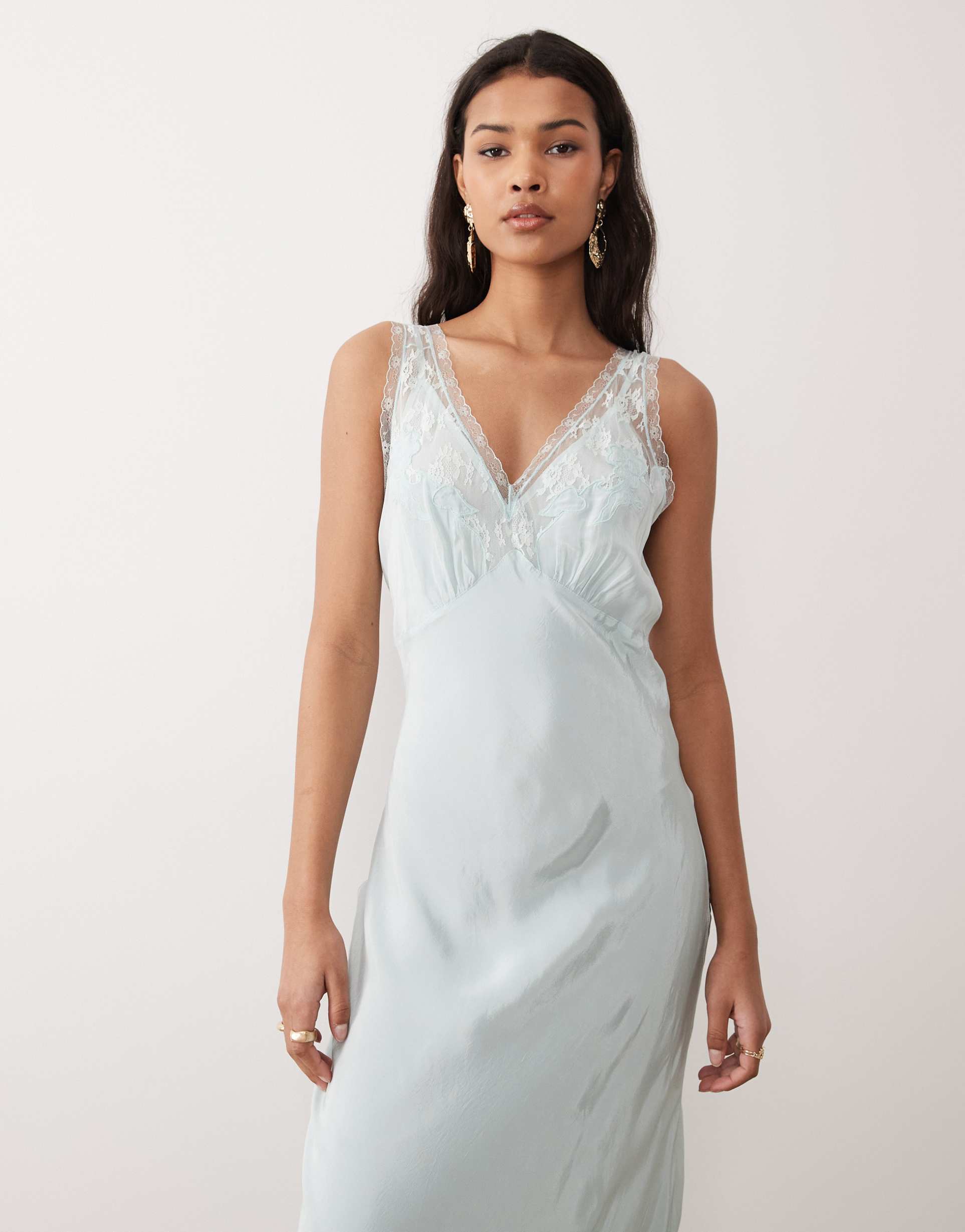 nobody's child lenora embroidered satin sleeveless slip dress with lace trim in pale mint