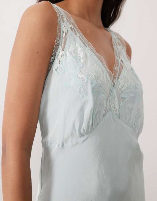 Nobody's Child Lenora embroidered satin sleeveless slip dress with lace  trim in pale mint | ASOS