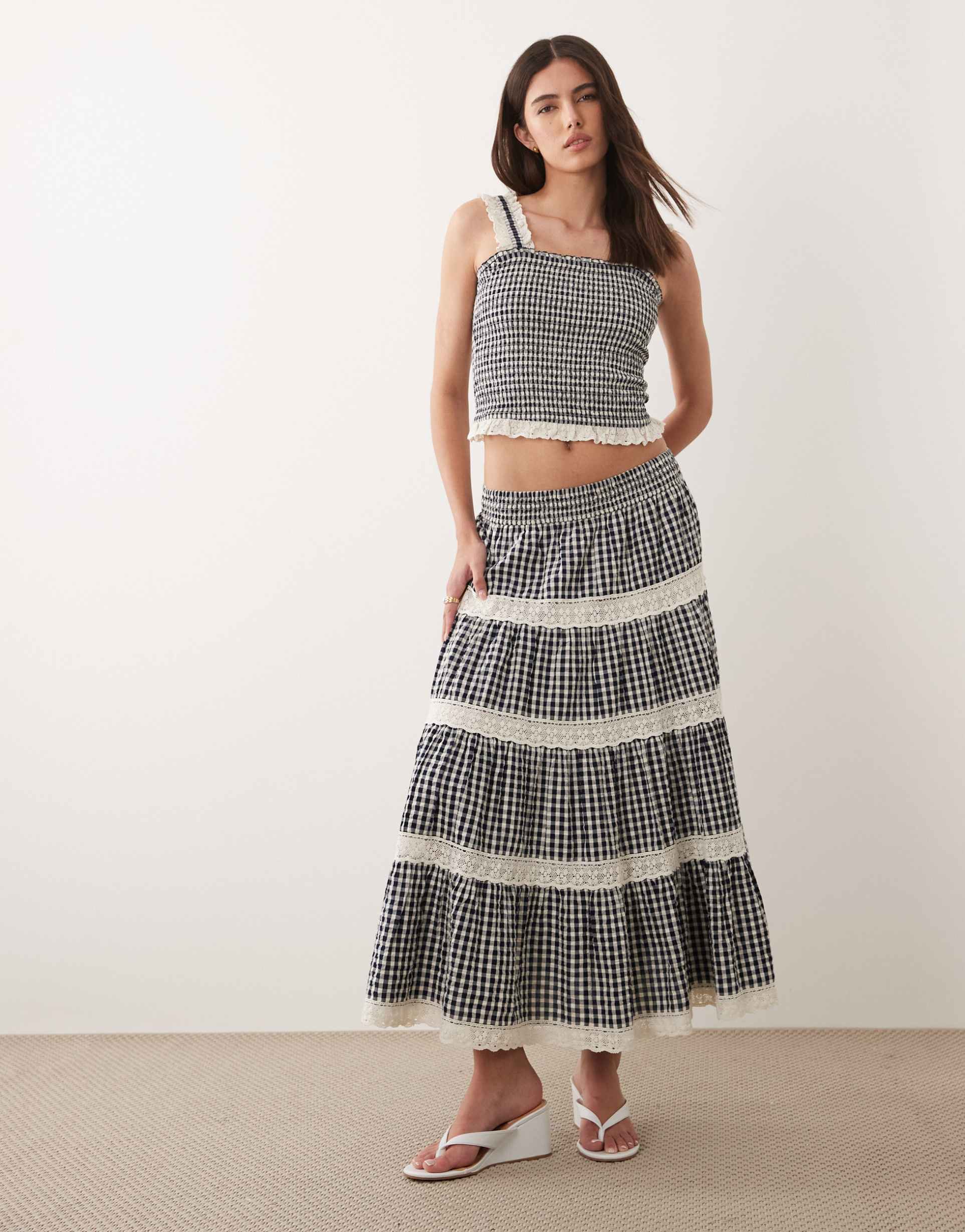 nobody's child leonor cotton rich lace trim tiered maxi skirt in black gingham - part of a set