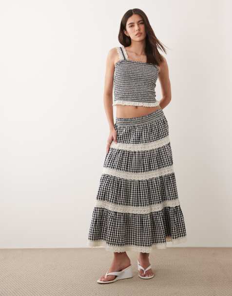 Nobody's Child - Leonor - Katoenen maxi rok met kanten rand en stroken in zwarte gingham ruit, deel van co-ord set - view 1