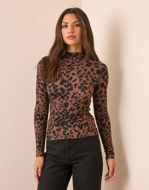 Nobody's Child Leopard print jersey high neck top in brown