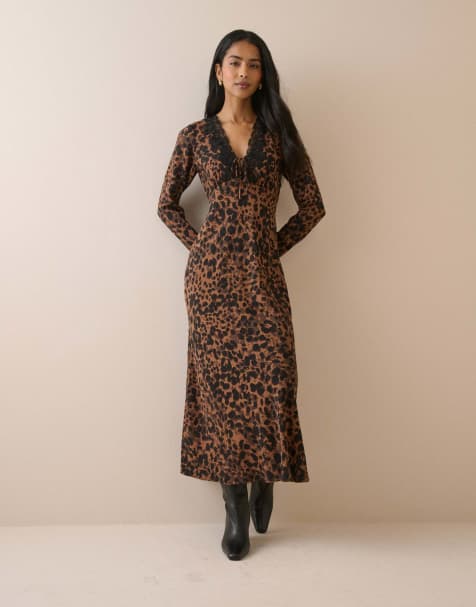 Nobody's Child Leopard print lace trim long sleeve aida midi dress in brown - view 1