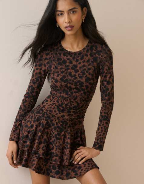 Nobody's Child Leopard print long sleeve yuki mini dress in brown - view 1