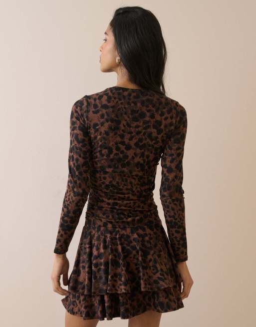 Nobody's Child Leopard print long sleeve yuki mini dress in brown, 2 of 5