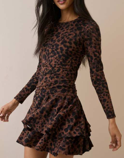 Nobody's Child Leopard print long sleeve yuki mini dress in brown, 3 of 5