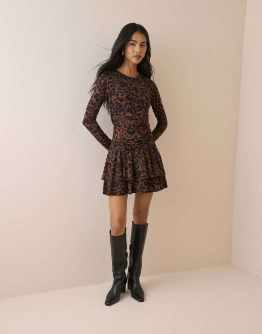 Nobody's Child Leopard print long sleeve yuki mini dress in brown, 4 of 5
