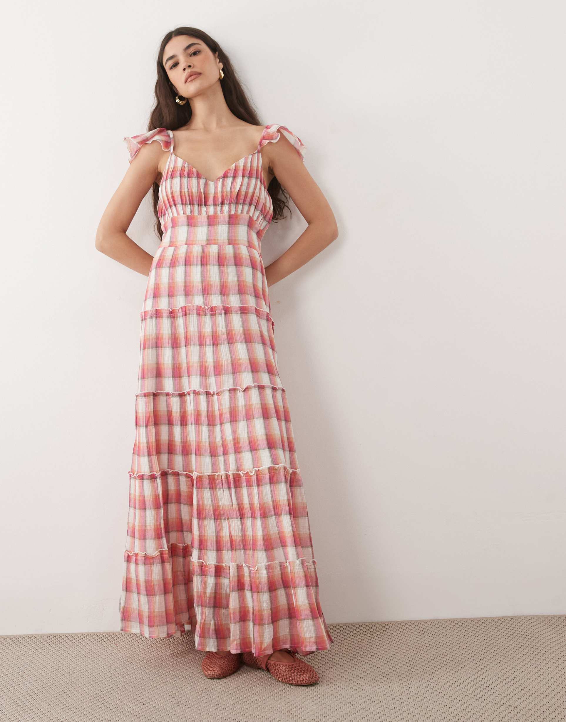 nobody's child levi cheesecloth v-neck flutter sleeve tiered maxi dress in red check