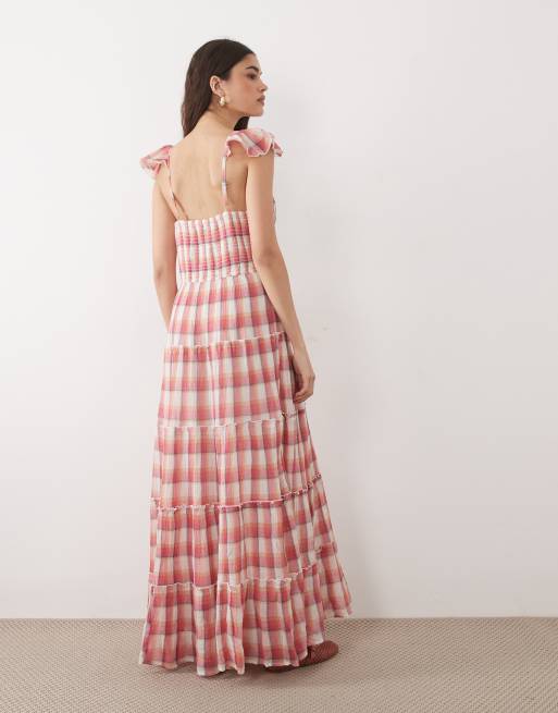 Nobody's Child Levi cheesecloth v-neck flutter sleeve tiered maxi dress in red check, 4 of 4