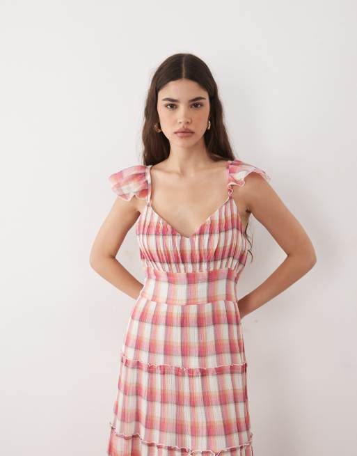 Nobody's Child Levi cotton cheesecloth v-neck flutter sleeve tiered maxi dress in red check, 3 of 4