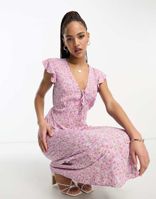Nobody's Child Lil ruffle sleeve midi dress in purple heart print