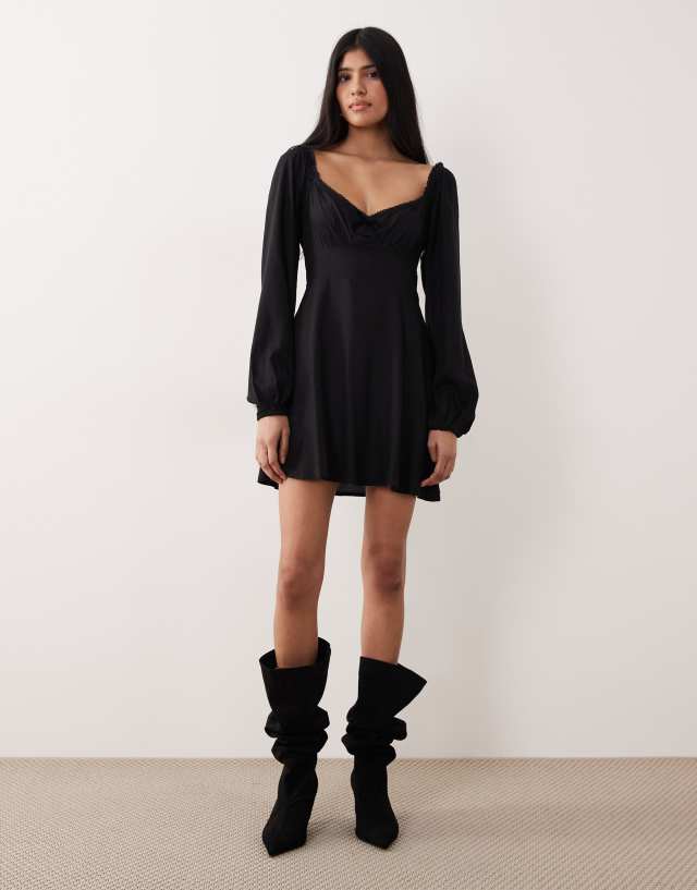 lillie long sleeve mini dress black Nobody's Child sweetheart lace edge bow detail in Piece:Black Silk with Lace Trim Zipper Front Corset Dress Exclusive Of Decoration BABARONI Lace Champagne Wedding 50OFFSELECTS1.25