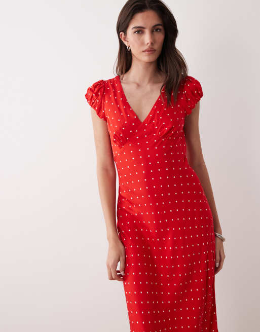 Nobody's Child Lina cap sleeve v-neck floaty midi dress in red polka dot, 3 of 4