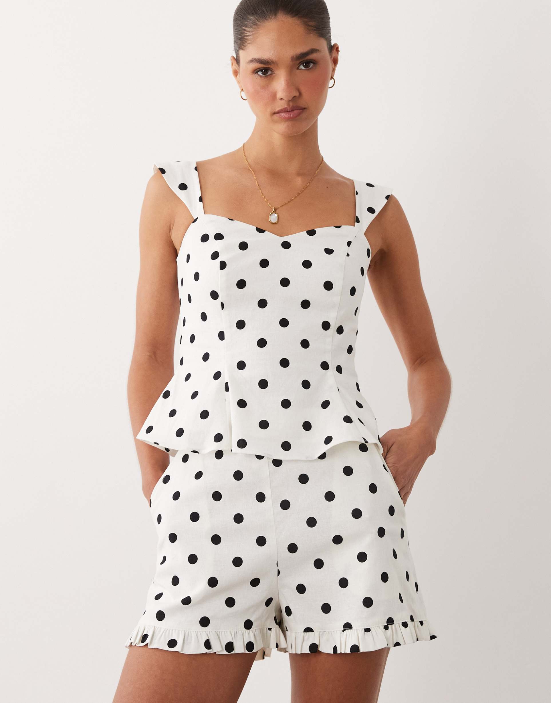 nobody's child linen and cotton blend ruffle hem shorts in black and white polka dot - part of a set