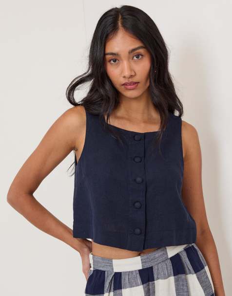 Nobody's Child Linen-blend button front top in blue - view 1