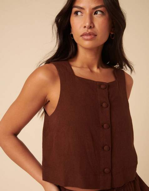 Nobody's Child Linen-blend button front top in brown - view 1